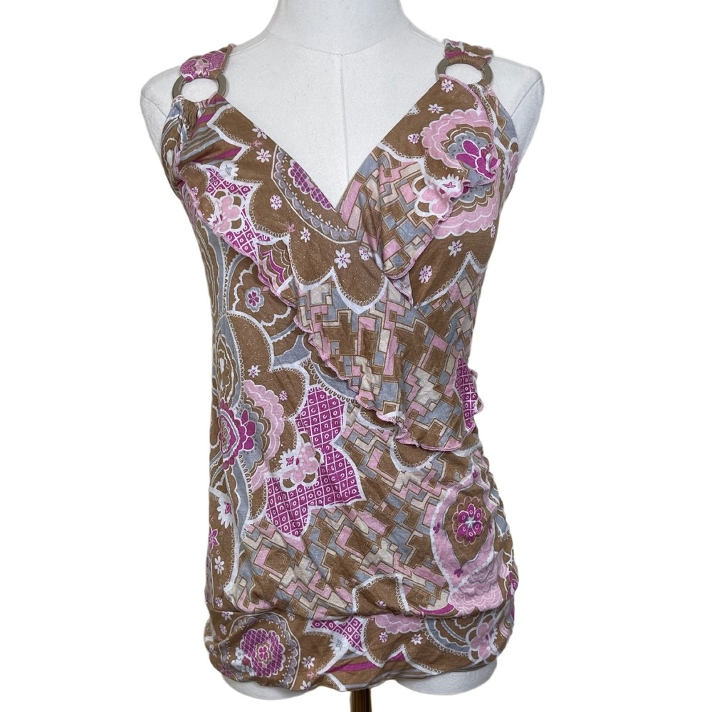 Vintage Belle Amie Paisley Ruffle Tank Top Women M Brown Pink Surplice Y2K Fairy